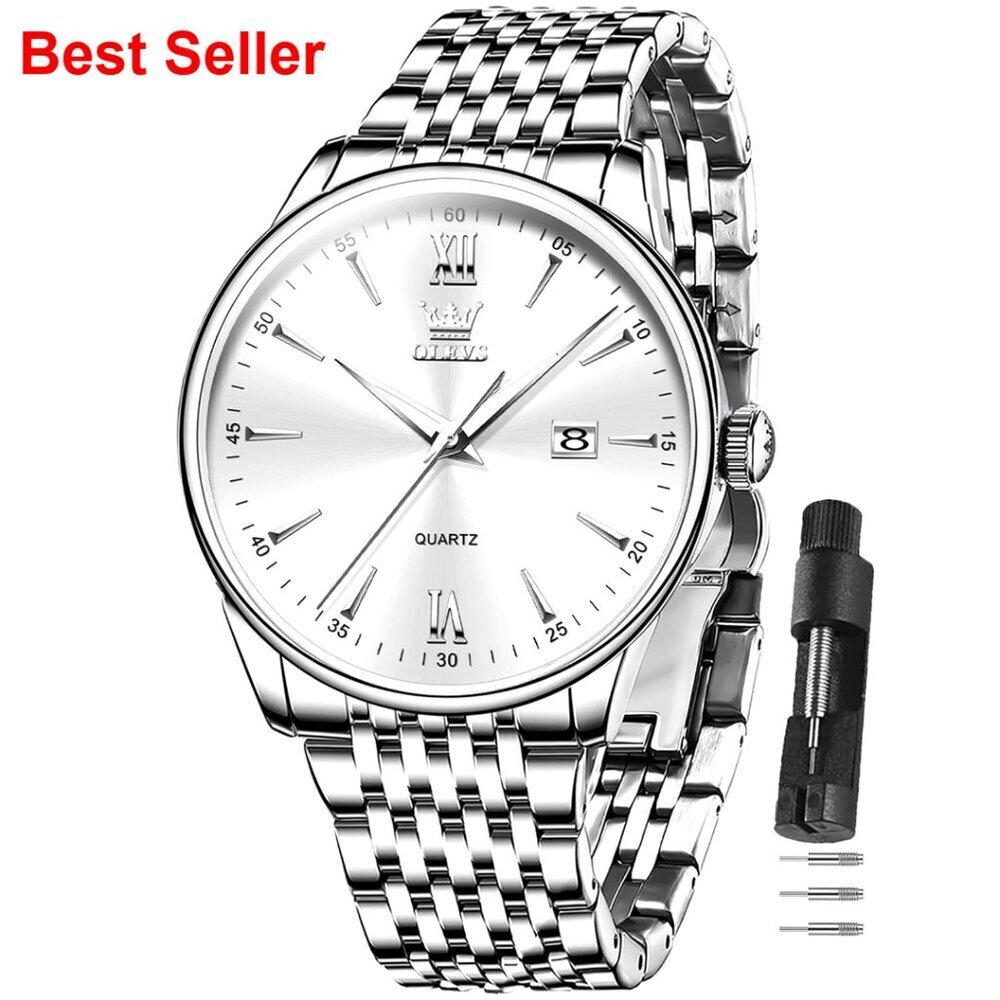 Stainless Steel Men's Watch with Roman Numerals, Waterproof, Date Window